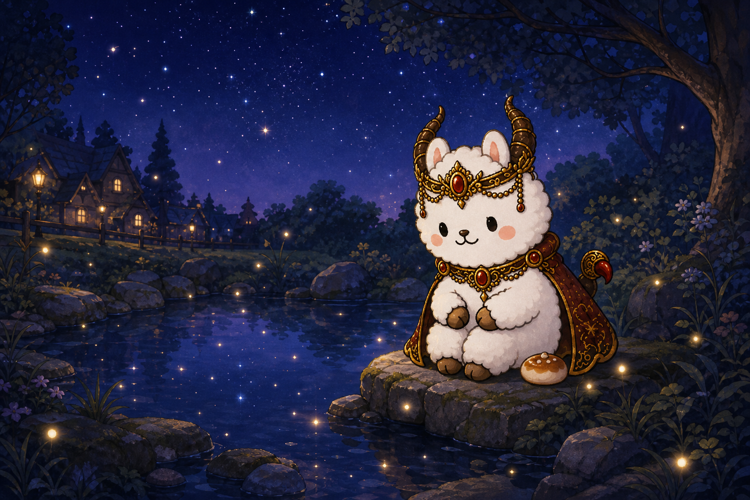 星のうつる夜の泉で、ひとり水面をながめるスコル